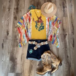 Rodeo Upcycled Graphic Tee Boho Western Gypsy Flowy Sleeves Small/Medium/Large